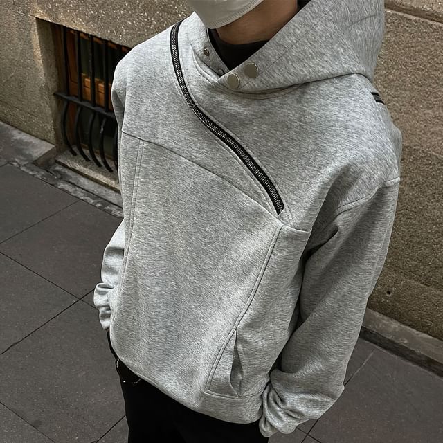 GRAYCIOUS-Plain Zip Up Asymmetrical Hoodie