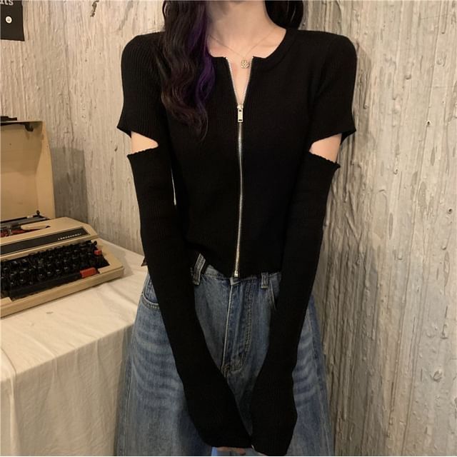 Sisyphi-Long-Sleeve Plain Cutout Zip-Up T-Shirt