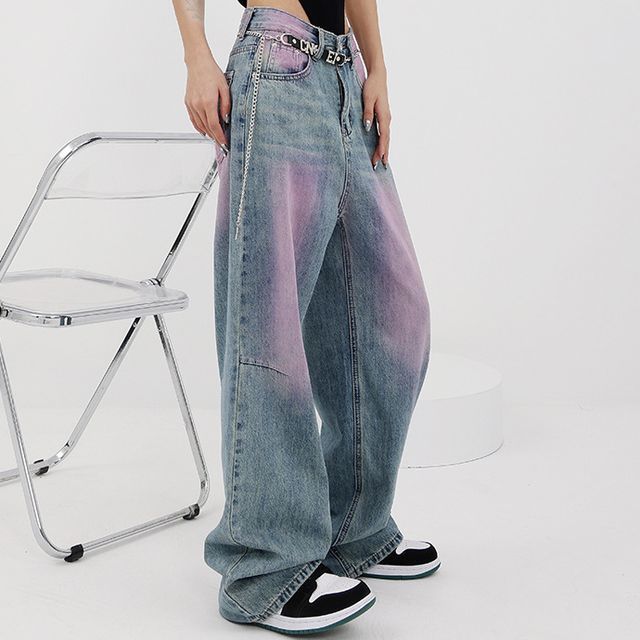 neiney Set: Mid Waist Washed Wide Leg Jeans Chain Belt YesStyle