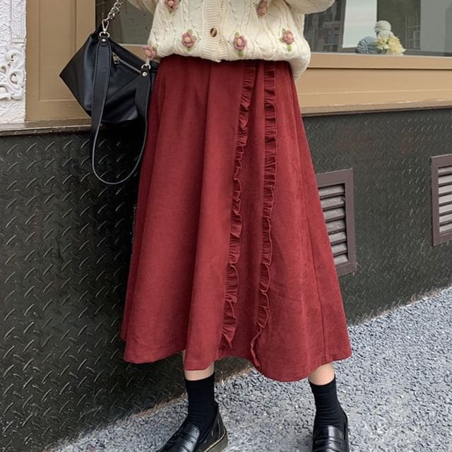 Sisyphi-High Rise Plain Ruffle Midi A-Line Skirt