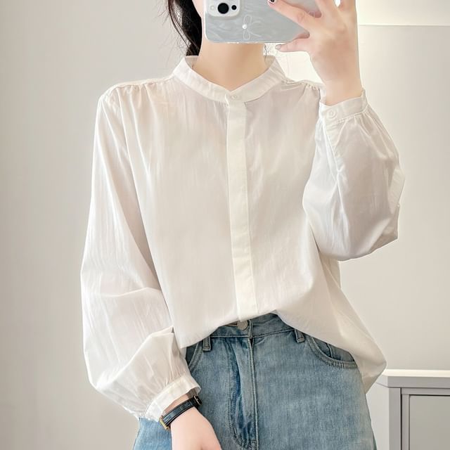 Suzette-Long-Sleeve Stand Collar Button-Up Plain Blouse