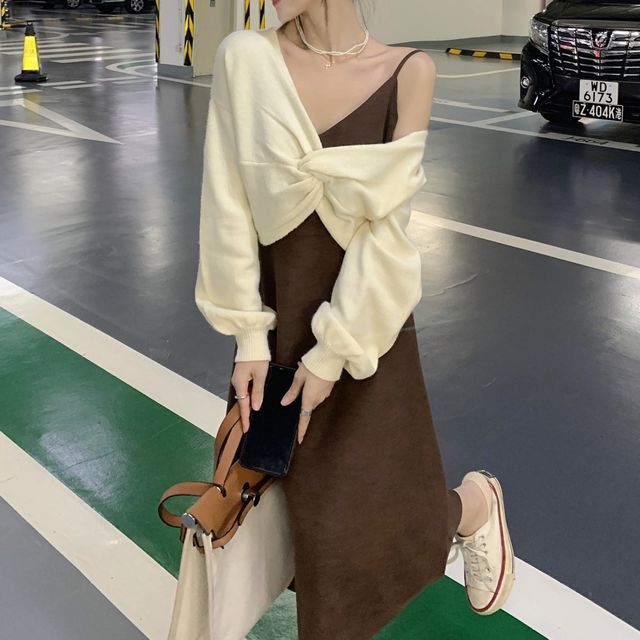 Shinsei-Spaghetti Strap A-Line Midi Dress Twisted Sweater