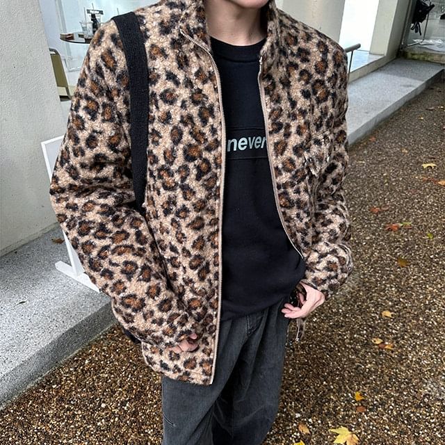 Orungeetun-Stand Collar Leopard Patterned Fleece Zip Puffer Jacket