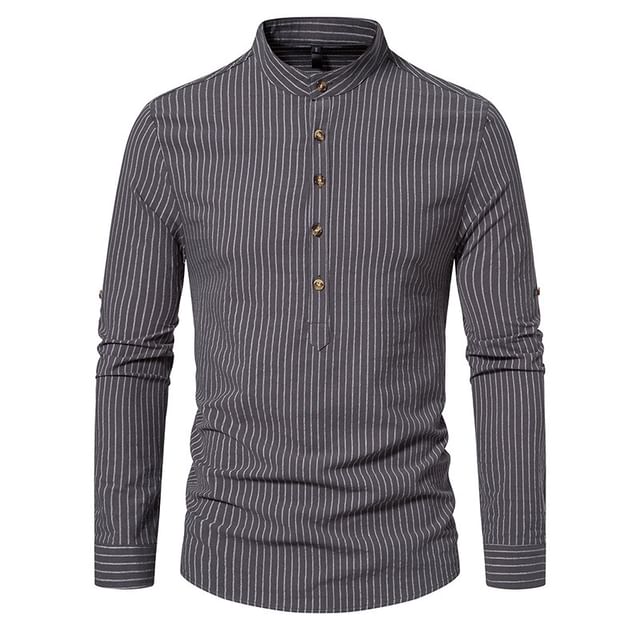 YIKES-Long-Sleeve Henley Striped Shirt