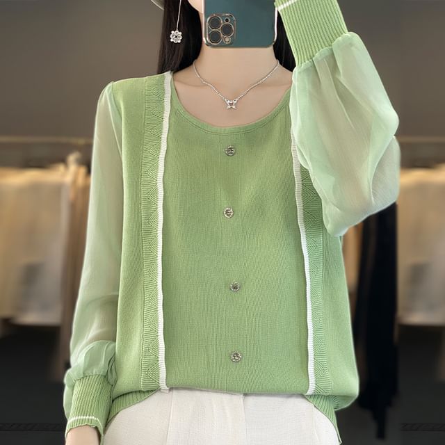 Dragan Pulse-Long-Sleeve Round Neck Contrast Trim Chiffon Panel Knit Top