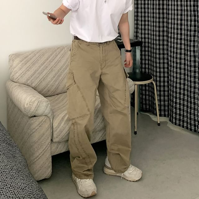Okwano-Mid Rise Plain Straight Leg Cargo Pants