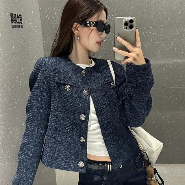 INEN-Round Neck Tweed Button Jacket
