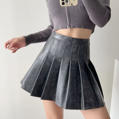 Overing - High Rise Faux Leather Mini Pleated Skirt | YesStyle
