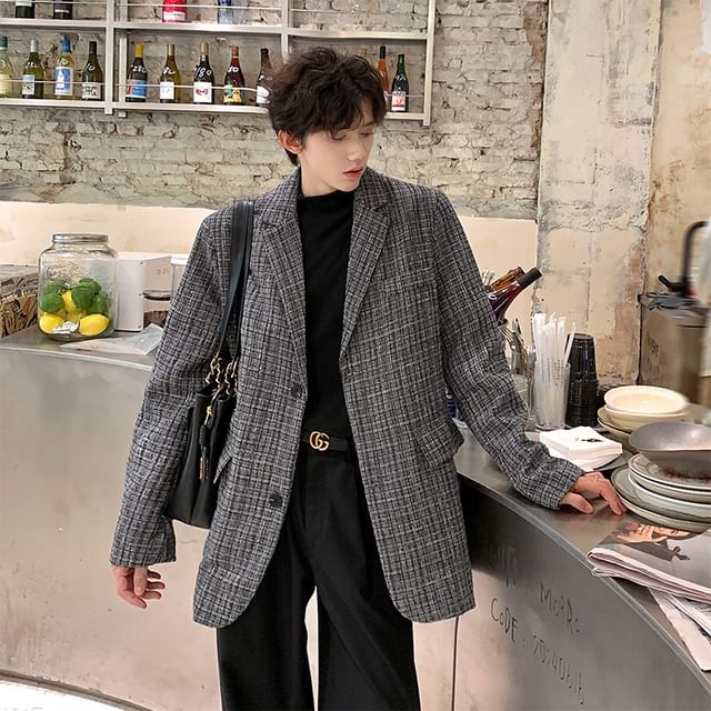 Bay Go Mall-Lapel Collar Plaid Single-Breasted Blazer