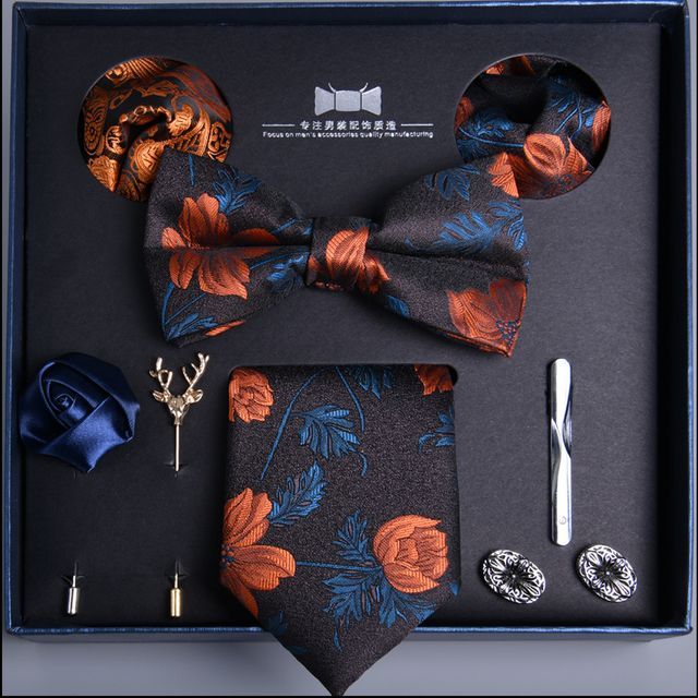 NINIRUSI Set: Print Neck Tie + Pocket Square + Tie Clip + Cufflinks (Various Designs) Blue/Silver One Size