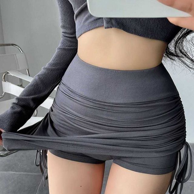 Hevnir-High Waist Plain Ruched Mini Fitted Skort
