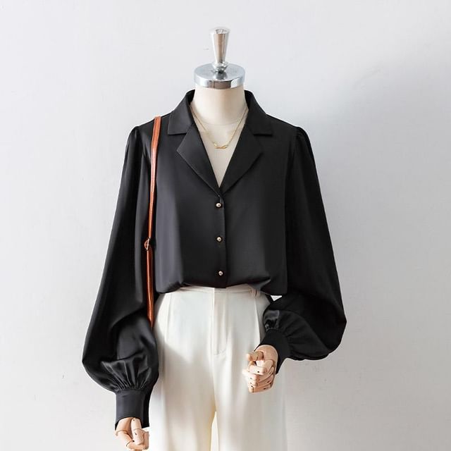 Cossita-Puff-Sleeve V-Neck Plain Shirt