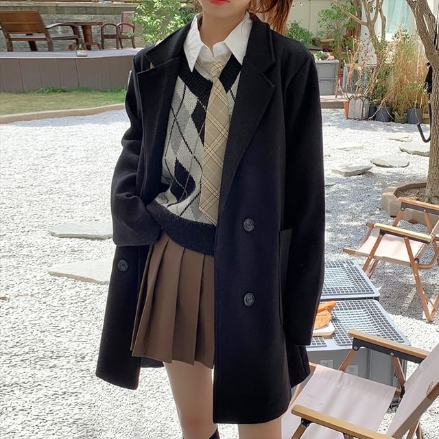 OUREA-Notch Lapel Plain Double-Breasted Long Coat