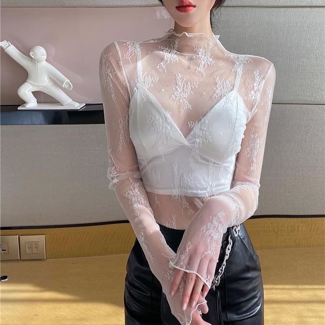Essere-Long Sleeve Mock Neck Lace Mesh Crop Top