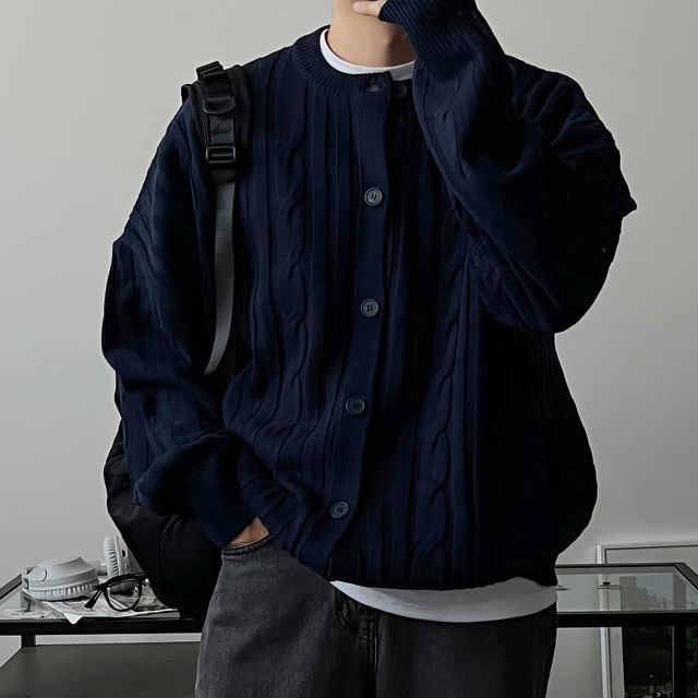 Okwano-Crew Neck Plain Cable Knitted Oversized Cardigan