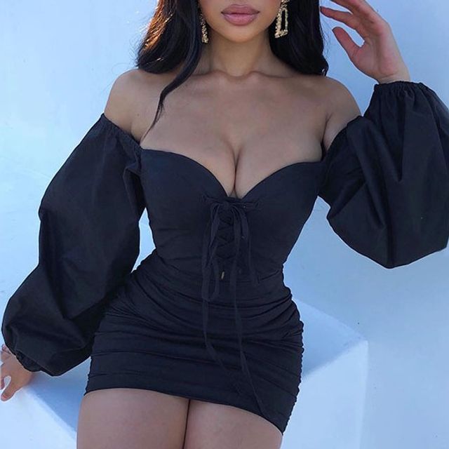 off-the-shoulder slim-fit pleated puff sleeve bodycon dress Momyknows Off Shoulder Backless V-Neck Lantern Sleeve Bodycon Party Baby Shower Maternity Mini Dress White Short Sleeve / M