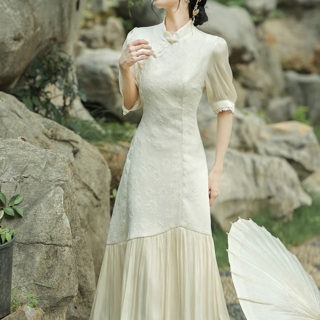 Set: Short-Sleeve Midi A-Line Dress + Shrug