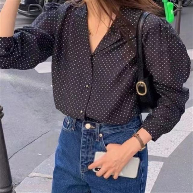 Everose-Long-Sleeve Lapel Collar Polka Dots Button-Up Blouse