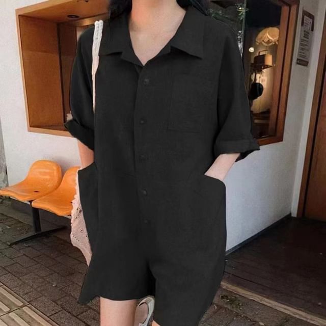 Everose-34-Sleeve Collared Plain Buttoned Wide Leg Romper