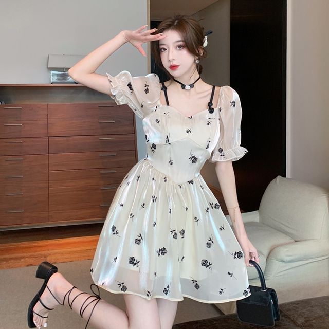 Merymphan - Puff-Sleeve Square Neck Floral Mini A-Line Dress