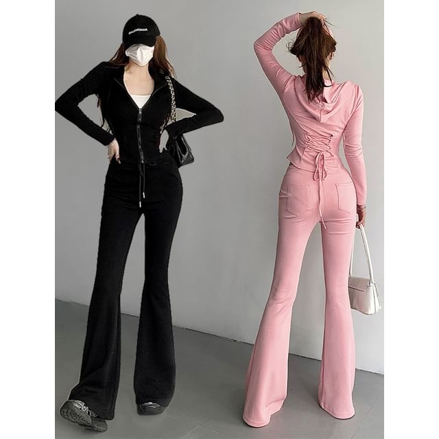 CUCURBIT-Set Tie-Back Hooded Sweatshirt Jacket Flared Sweatpants