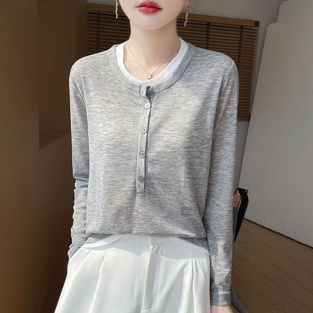 Weelop-Mock Two-Piece Long-Sleeve Half Buttoned Plain Top