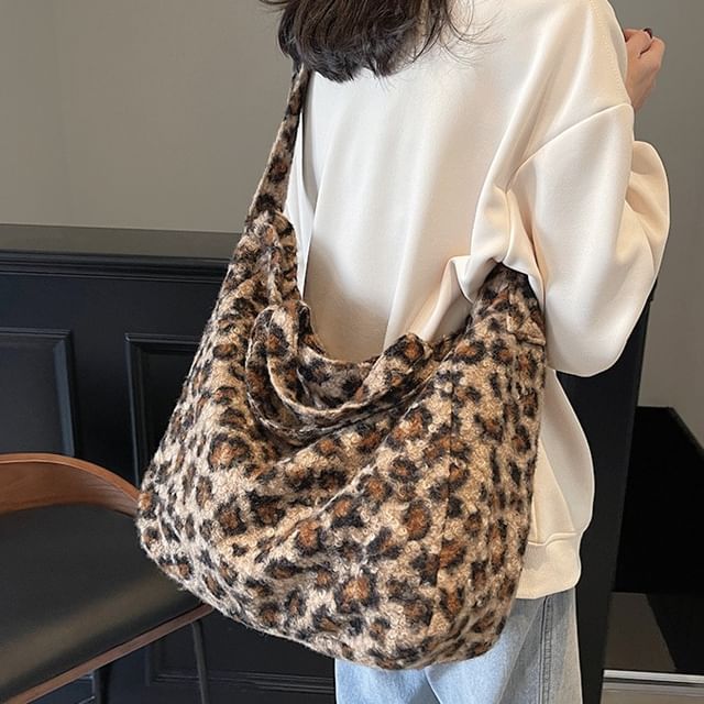 HOVERUP Leopard Print Fluffy Shoulder Bag YesStyle