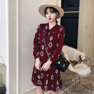 Sugar Town - Long-Sleeve Patterned Chiffon Dress | YesStyle