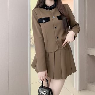 Woohan-Stand Collar Button-Up Jacket High Waist Mini Pleated Skirt