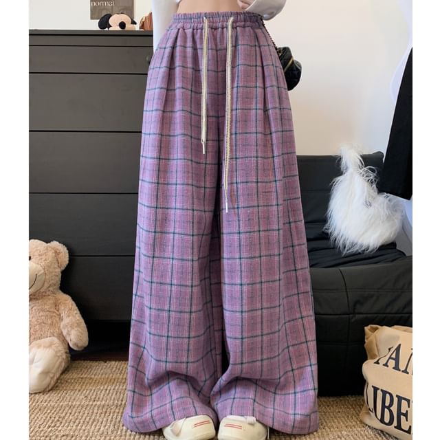 Kenning-Drawstring Waist Plaid Wide Leg Pants