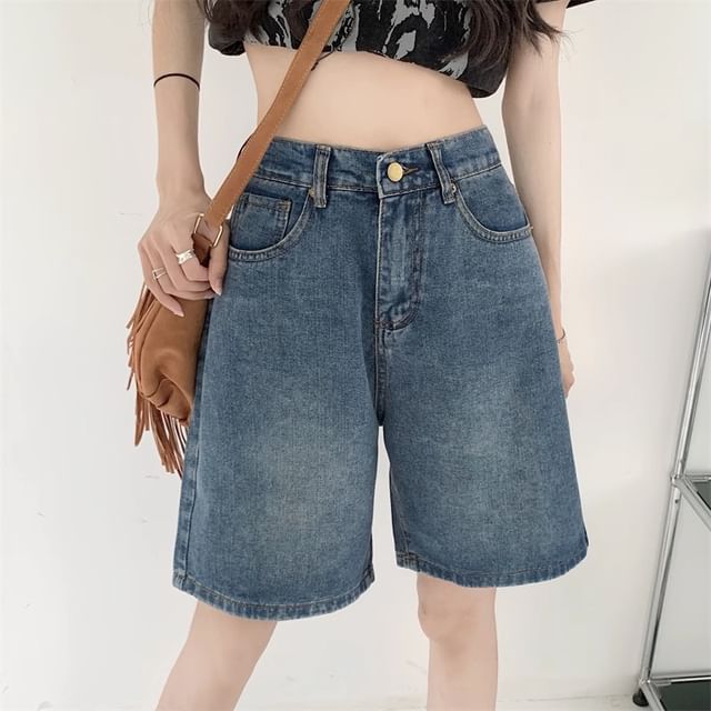 PINPI-High Waist Washed Denim Shorts