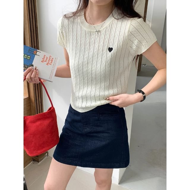 MORNINDEW-Short Sleeve Crew Neck Plain Cable Knit Top