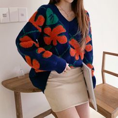 DEEPNY - V-Neck Bouclé-Flower Sweater DEEPNY - V-Neck Bouclé-Flower Sweater