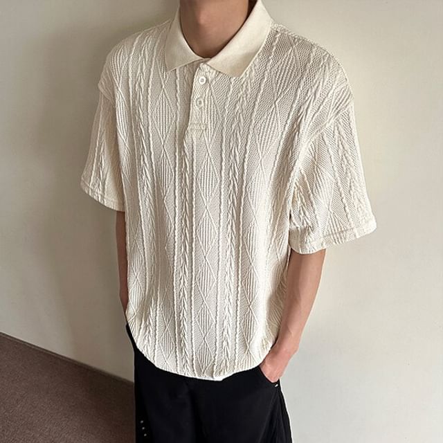 Vernanah-Short-Sleeve Textured Plain Polo Top