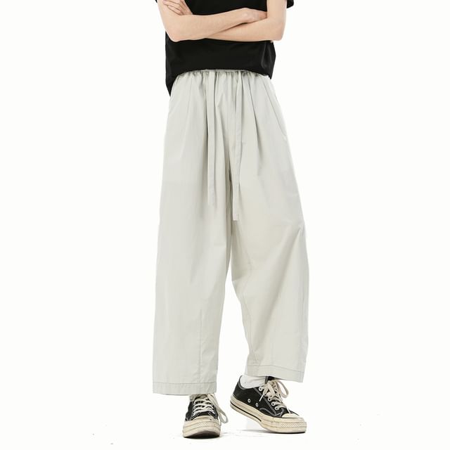 Koiyua-Drawstring Waist Plain Cropped Straight Leg Pants