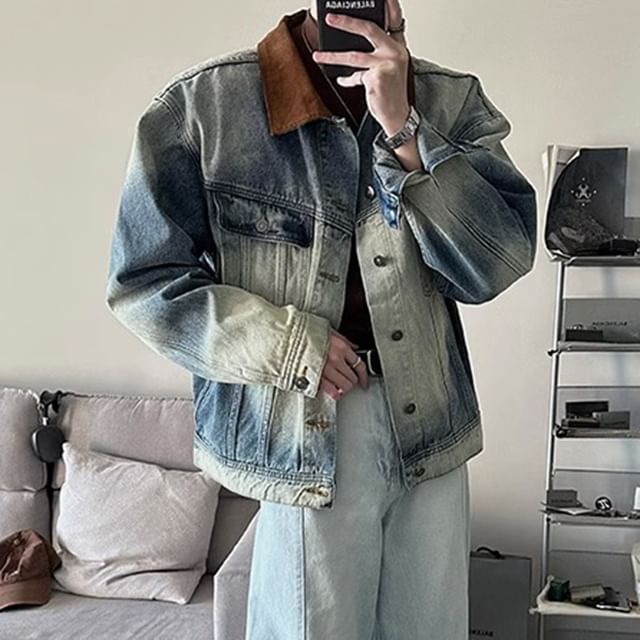 Adothuiastic-Contrast Collar Corduroy Panel Washed Button-Up Denim Jacket