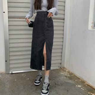 fitted denim midi skirt