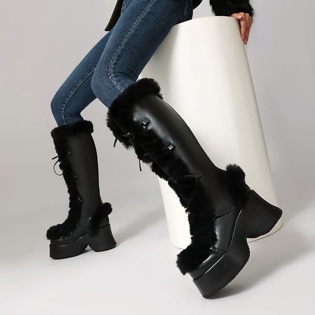 Queen Zoo-Platform Panel Fluffy Lace Up Knee High Boots