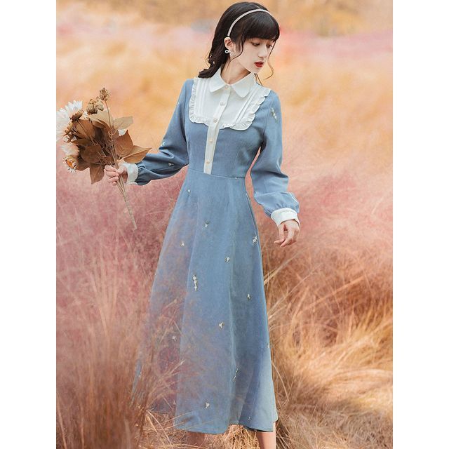 chinese dress ladies Allie Long Sleeve Embroidered Midi Dress in Beige main image 0