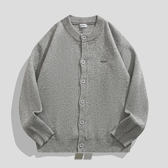 purplelouve-Round Neck Plain Cardigan