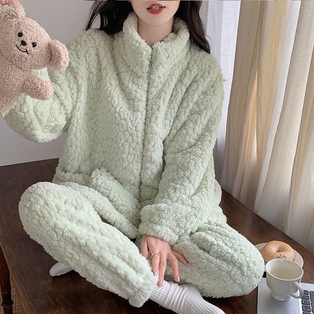 Siensien-Pajama Set Stand Collared Plain Zip-Up Fleece Jacket Pants