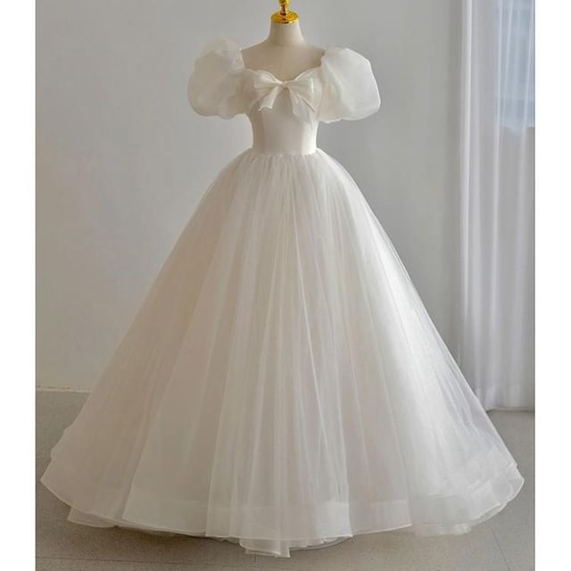 DreesHouse-Puff Sleeve Square Neck Plain A-Line Wedding Gown