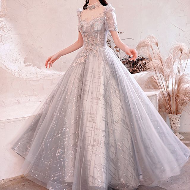 DreesHouse-Short-Sleeve Sequin Open Back A-Line Evening Gown