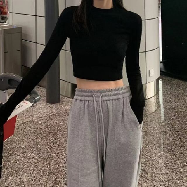 Cloud Nine-Long-Sleeve Crew Neck Plain Crop T-Shirt