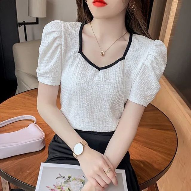Everose-Short-Sleeve Contrast Trim Blouse