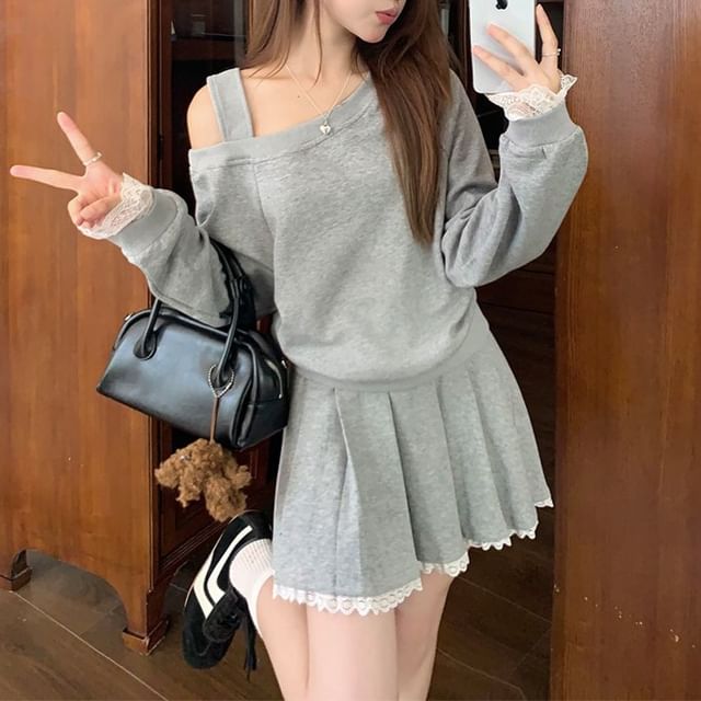 Trendycas-Cold Shoulder Plain Pullover High Rise Pleated Lace Trim Mini A-Line Skirt