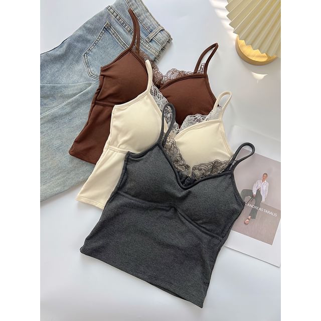 DIYI-Lace Trim Padded Crop Cami Top