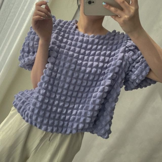 Jesong-Short-Sleeve Crewneck Puffed Plain Blouse