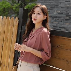 CLICK - V-Neck Lace-Trim Faux-Pearl Blouse CLICK - V-Neck Lace-Trim Faux-Pearl Blouse