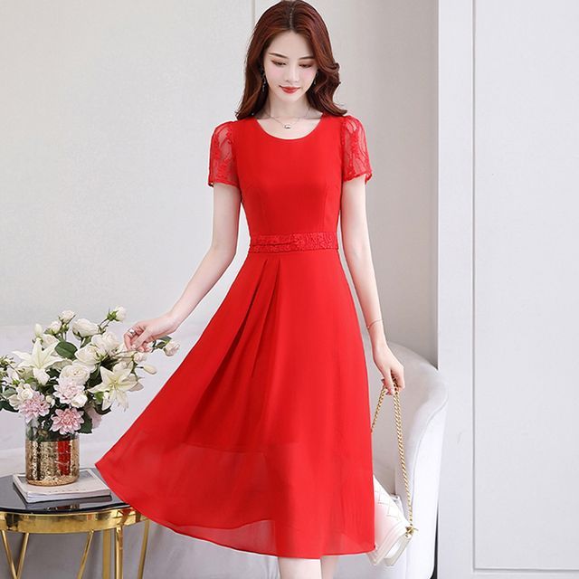CHICHA - Short-Sleeve Chiffon Midi A-Line Dress | YesStyle